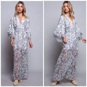 Pol Light Grey Floral Kimono Style Maxi Dress